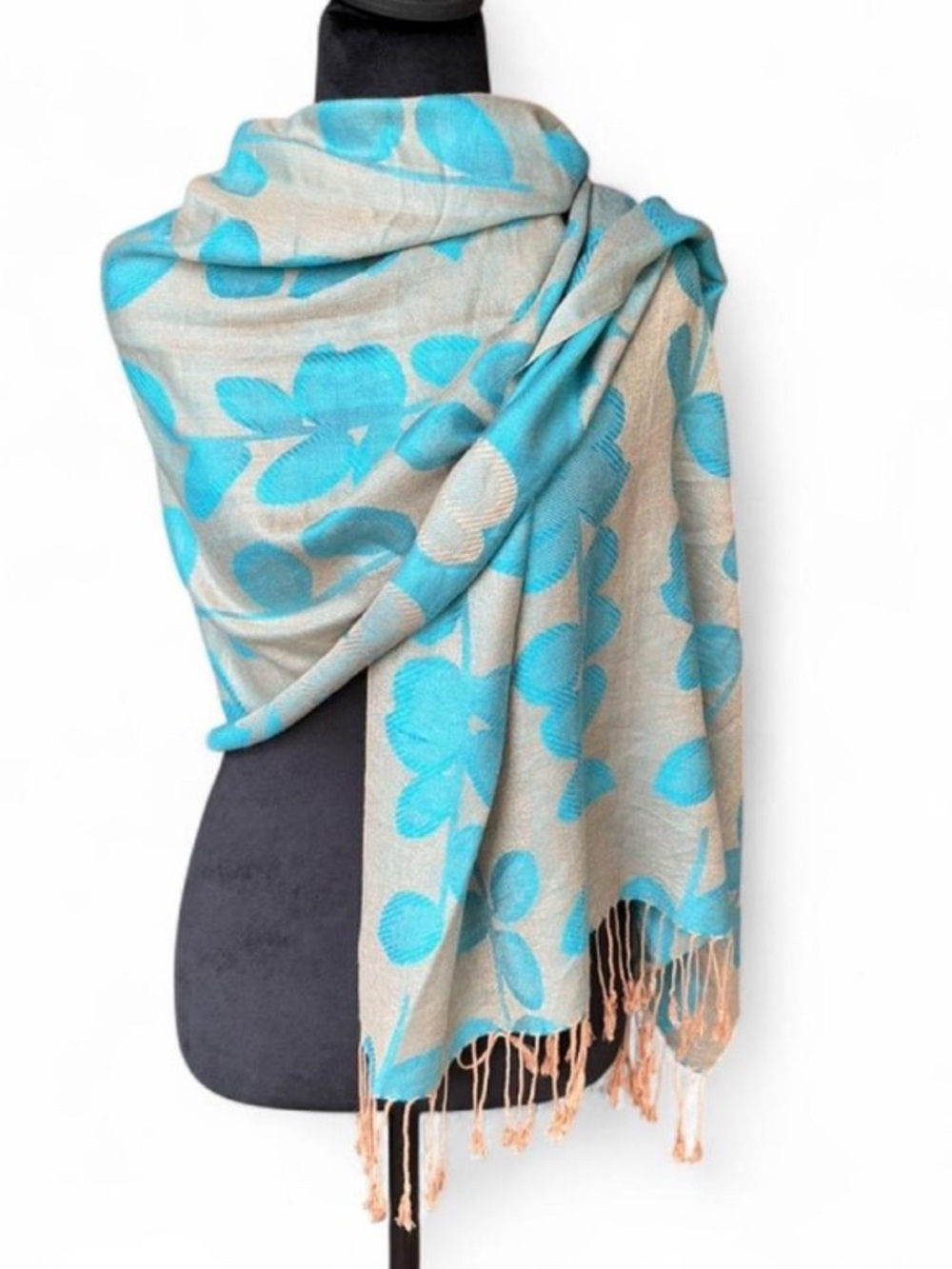 Retro Boho Chic Pashmina Silk Blend Scarf with Blue and Gold Leaf Pattern
